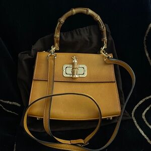 Structured Tan Leather Crossbody with Bamboo Top Handle